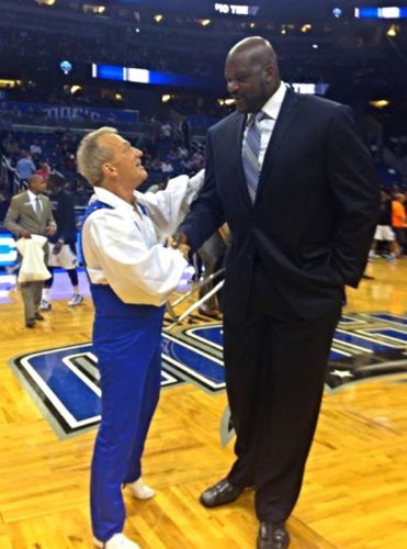 Shaquille "Shaq" O'Neal Comes to Center Court to Greet His Favorite Halftime Performer Gary The Amazing Sladek! Borstelmann at the Hall of Fame Inauguration After His Halftime Performance of the Death Defying Tower of Chairs.